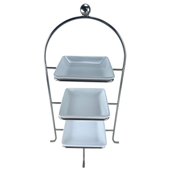 Pampered Chef Simple Additions 3-Tiered Stand #1953 & 3 White Square Plates 7.25 - Picture 1 of 16